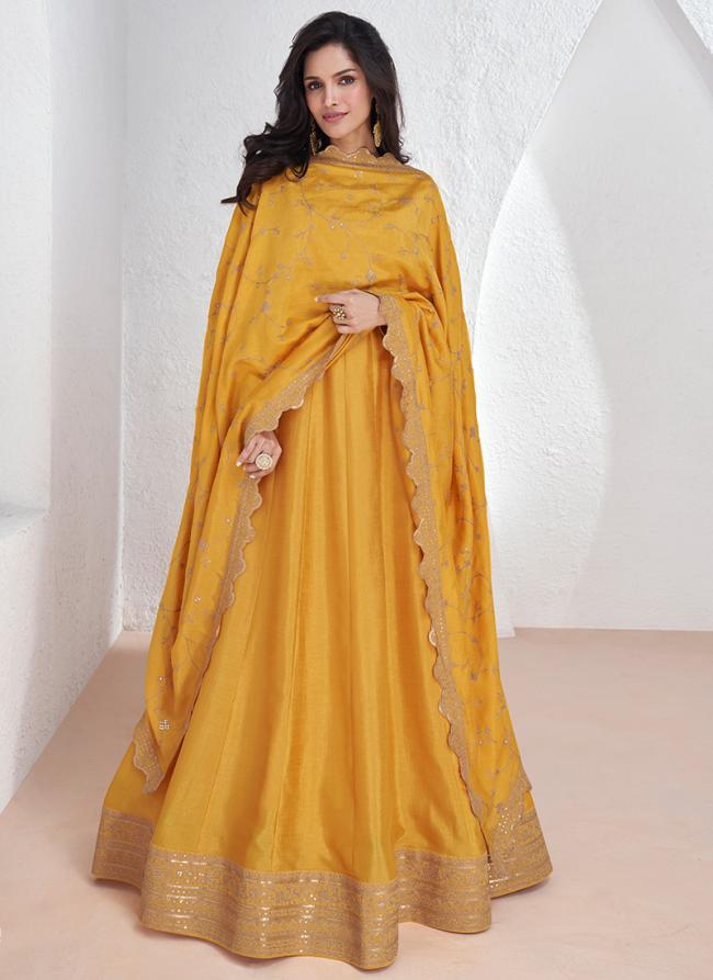 Premium Silk Yellow Party Wear Embroidery Work Readymade Gown With Dupatta